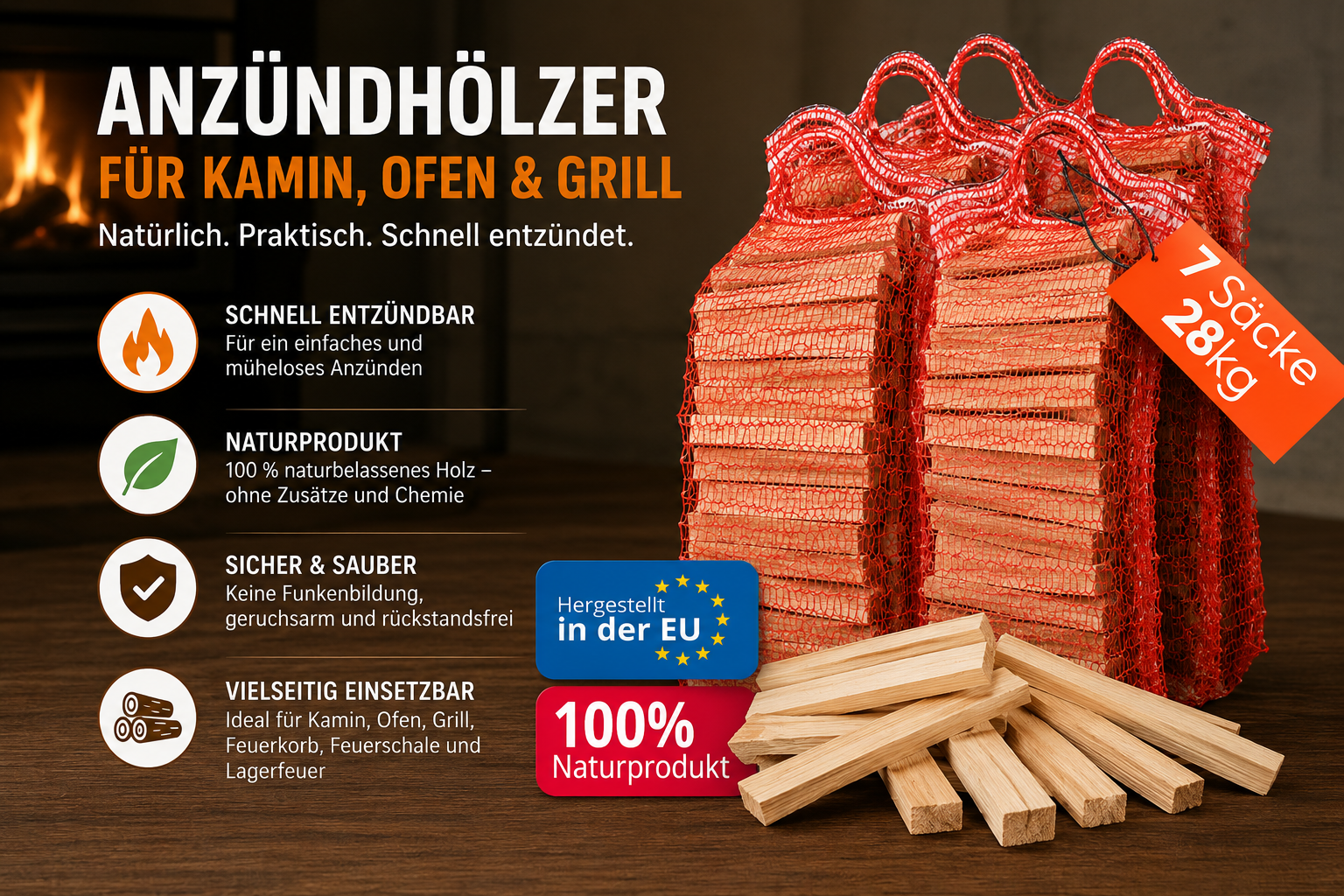 Brennholzstäbe - Anzünder aus Eichenholz / Hackschnitzel